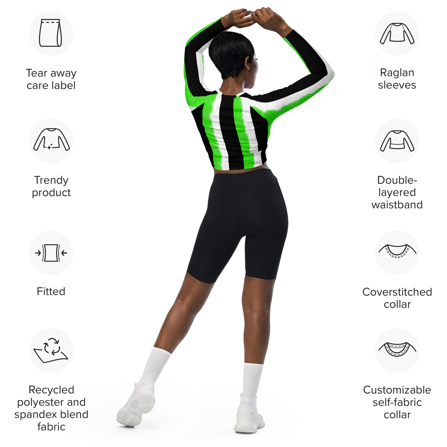 Striped Black and Green, Womens Long-sleeve Crop Top