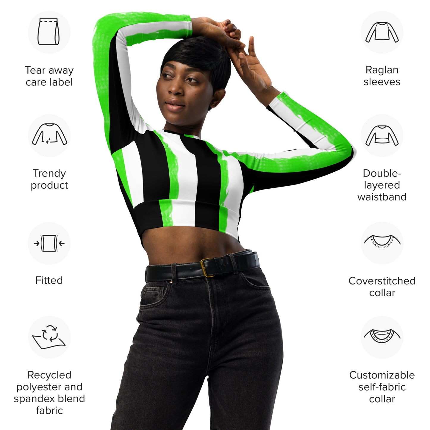 Striped Black and Green, Womens Long-sleeve Crop Top