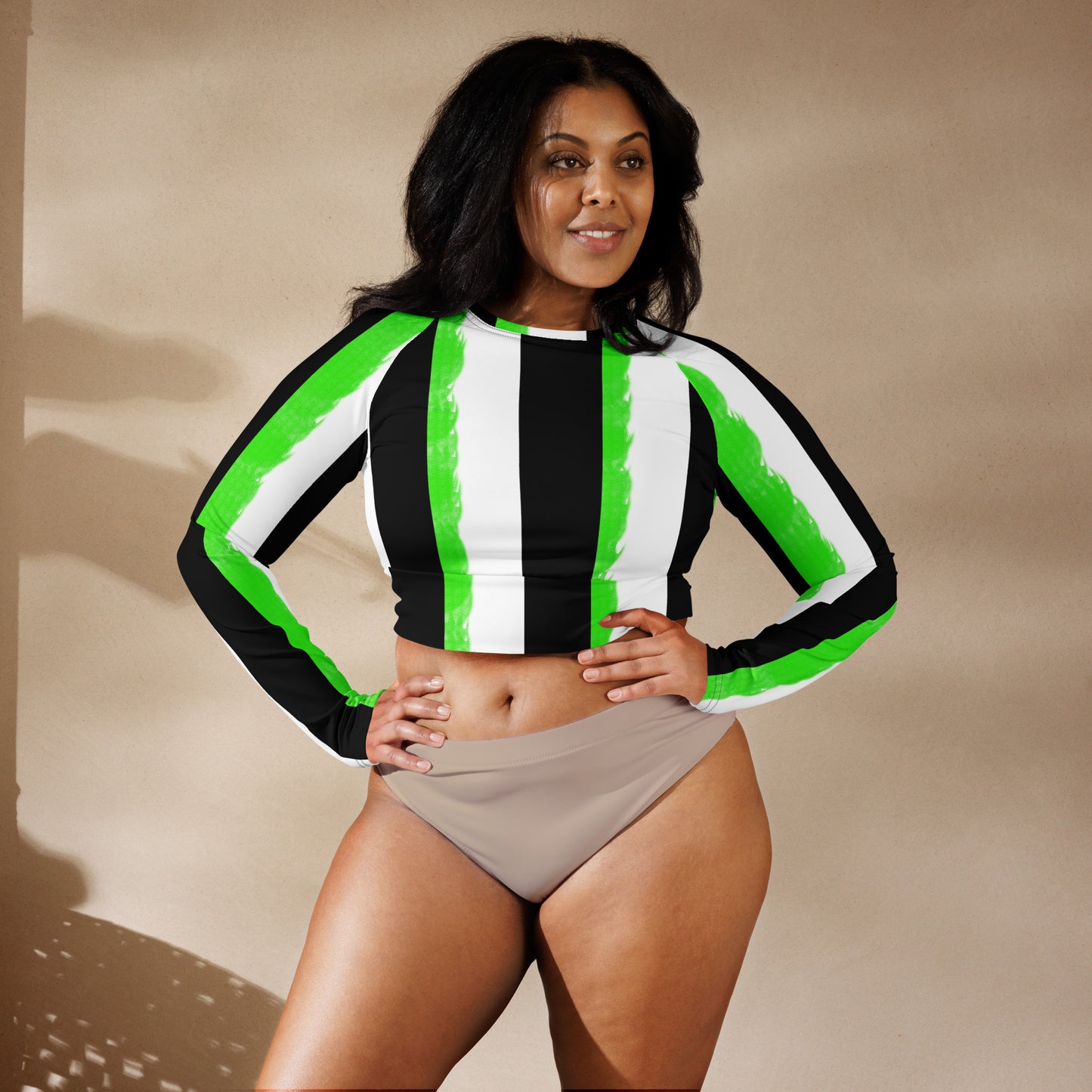 Striped Black and Green, Womens Long-sleeve Crop Top